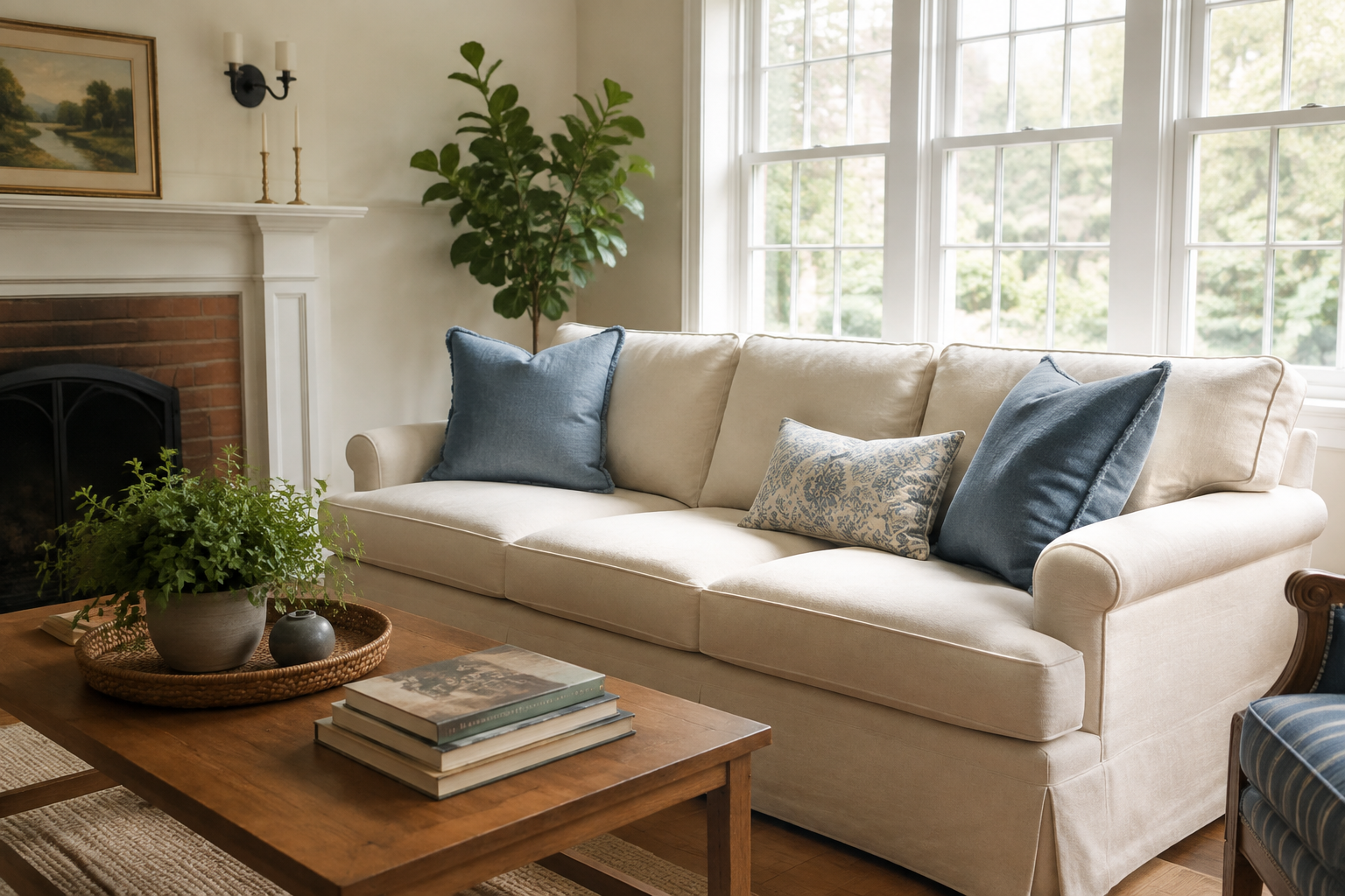 A bright, welcoming living room with soft blue cushions and warm wood furnishings